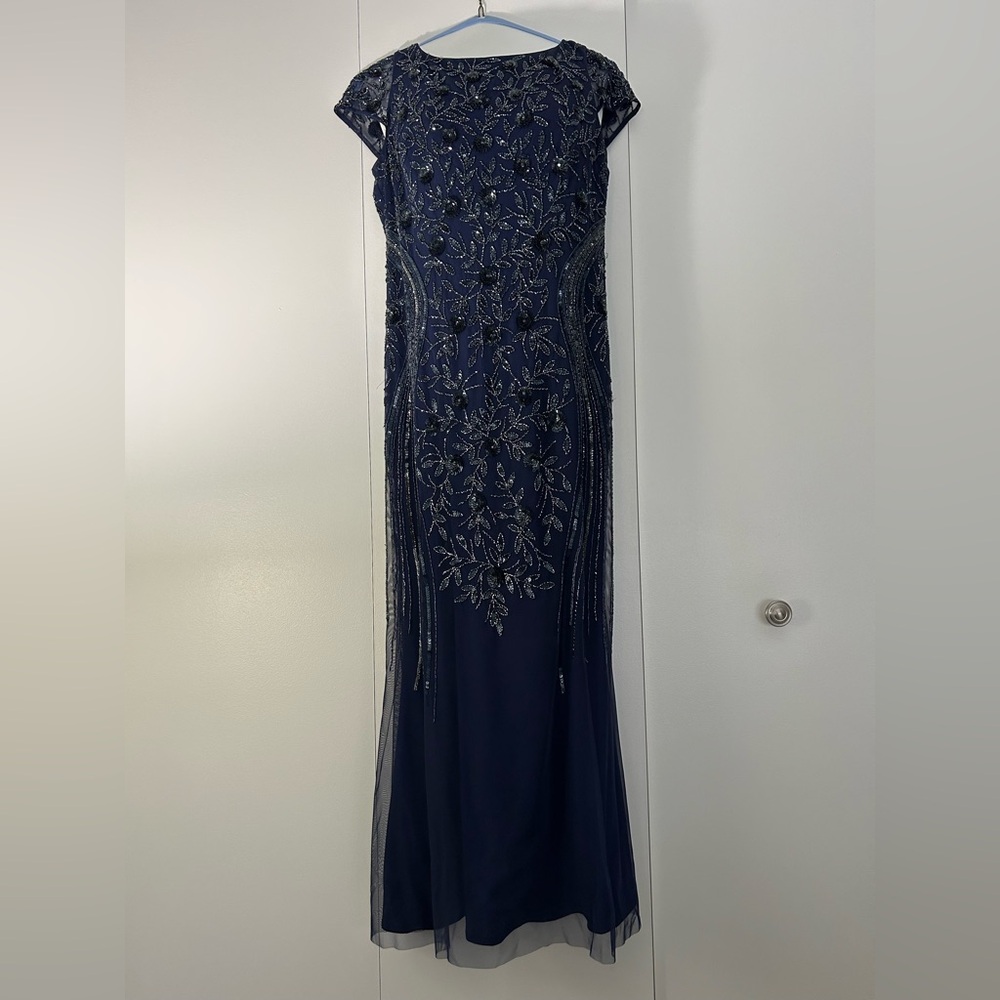 Navy Beaded Cap-Sleeve Wedding Guest Dress